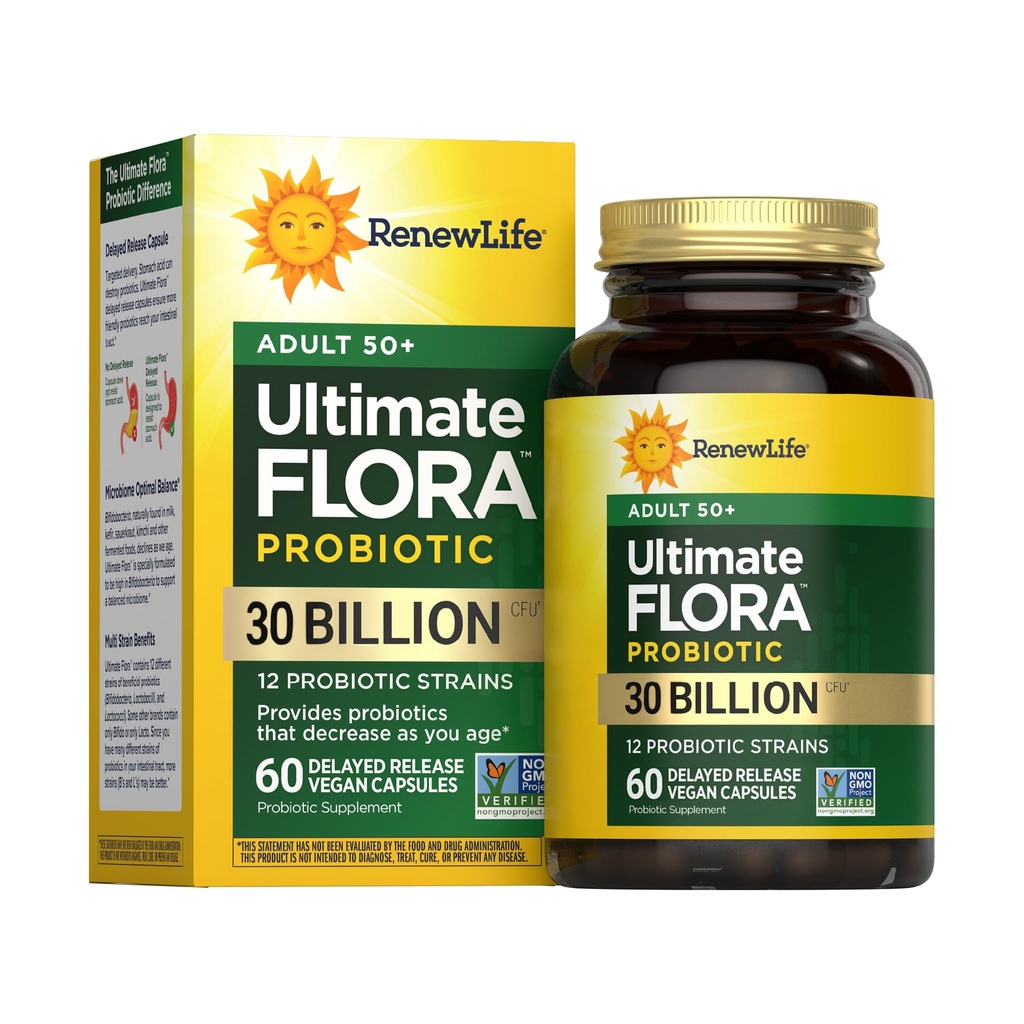 Renew Life Probiotic Adult 50 Plus Probiotic Capsules, Daily Supplement ondersteunt urine, spijsvertering en immuungezondheid, L. Rhamnosus GG, Dairy, soja en glutenvrij, 30 miljard CFU, 60 Tel.