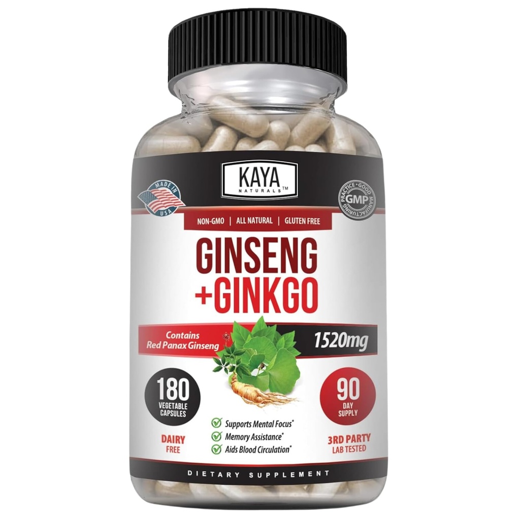 Kaya Naturals Red Panax Ginseng + Ginkgo Biloba - Nootropic Brain Supplement - Cognitieve en concentratie ondersteuning - Brain Booster, Focus, and Memory Supplement - 180 Capsules