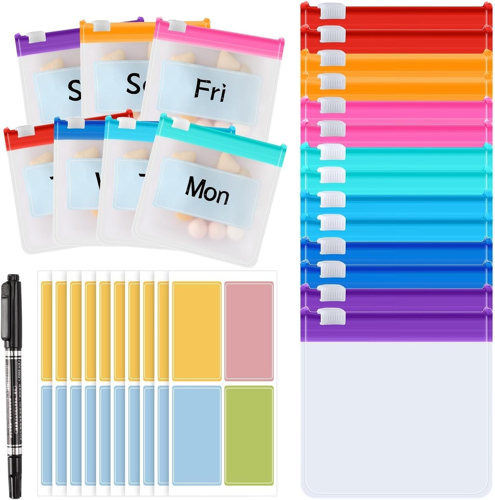 MARFOREVER 25 stuks pil zakje kleine pil zakken herbruikbare medicijn Organisator reis pil container opslag pil geval met schuif slot 14 stuks plastic medicijnen zakken 10 stuks vellen etiketten en een marker
