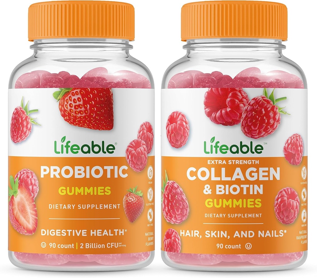 Levensvatbare Probiotica 2 miljard CFU + Collageen & Biotine, Gummies Bundle - Grote Proeverij, Vitamine Supplement, Glutenvrij, GGO-vrij, Kauwbare Gummy