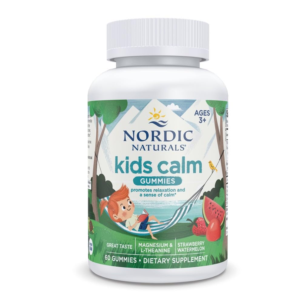 Nordic Naturals Kids Calm Gummies - Aardbei Watermeloen - 60 Gummies - Magnesium L-Theanine Supplement - Kalmeren voor kinderen - Ontspanning Ondersteuning - Tot 60 Serven
