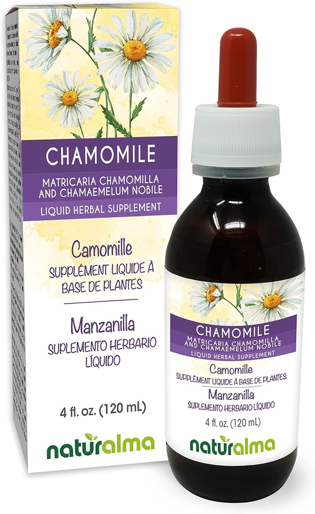 Naturalma Duitse en Romeinse kamille (Matricaria chamomilla en Chamaemelum nobile) Bloem Alcoholvrije Tinctuur - 4 fl oz Liquid Extract in druppels - Kruidensupplement - Veganistisch