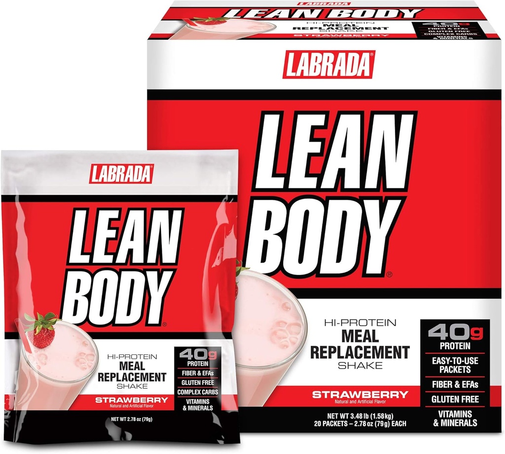 Labrada Lean Body MRP All-in-One Strawberry Meal Replacement Shake, 40g Proteïne, Wei Blend, 8g Gezonde vetten EFA's & Vezel, 22 Vitaminen en Mineralen, Geen kunstmatige kleur, Glutenvrij, (20 Packets)