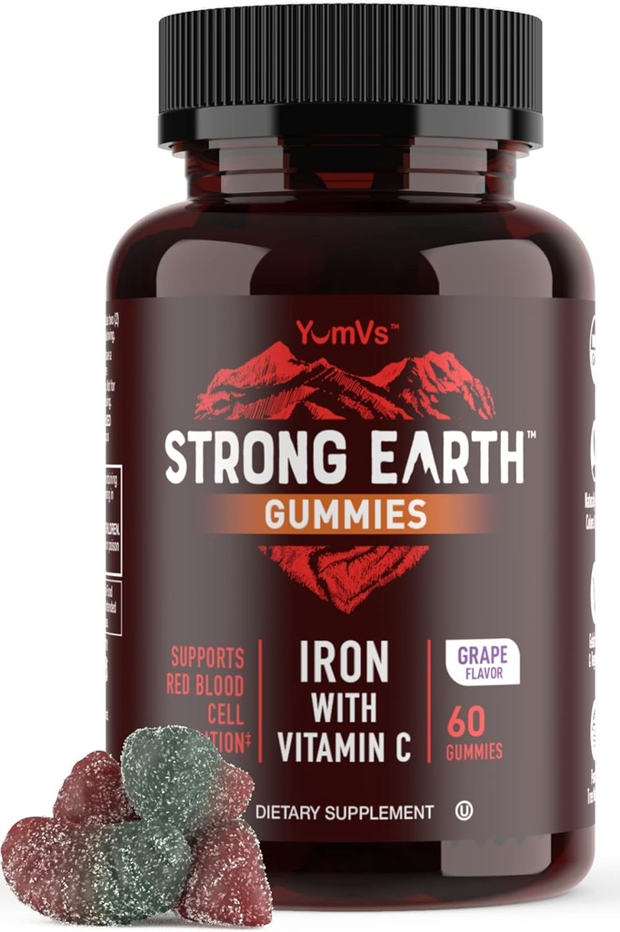 YUM-V'S Strong Earth Iron with Vitamin C Gummies (60 Count) - Iron Supplements with Vitamin C Gummy - Blood Builder Anemia FE Iron Gummies, Iron Supplement for Women and Men