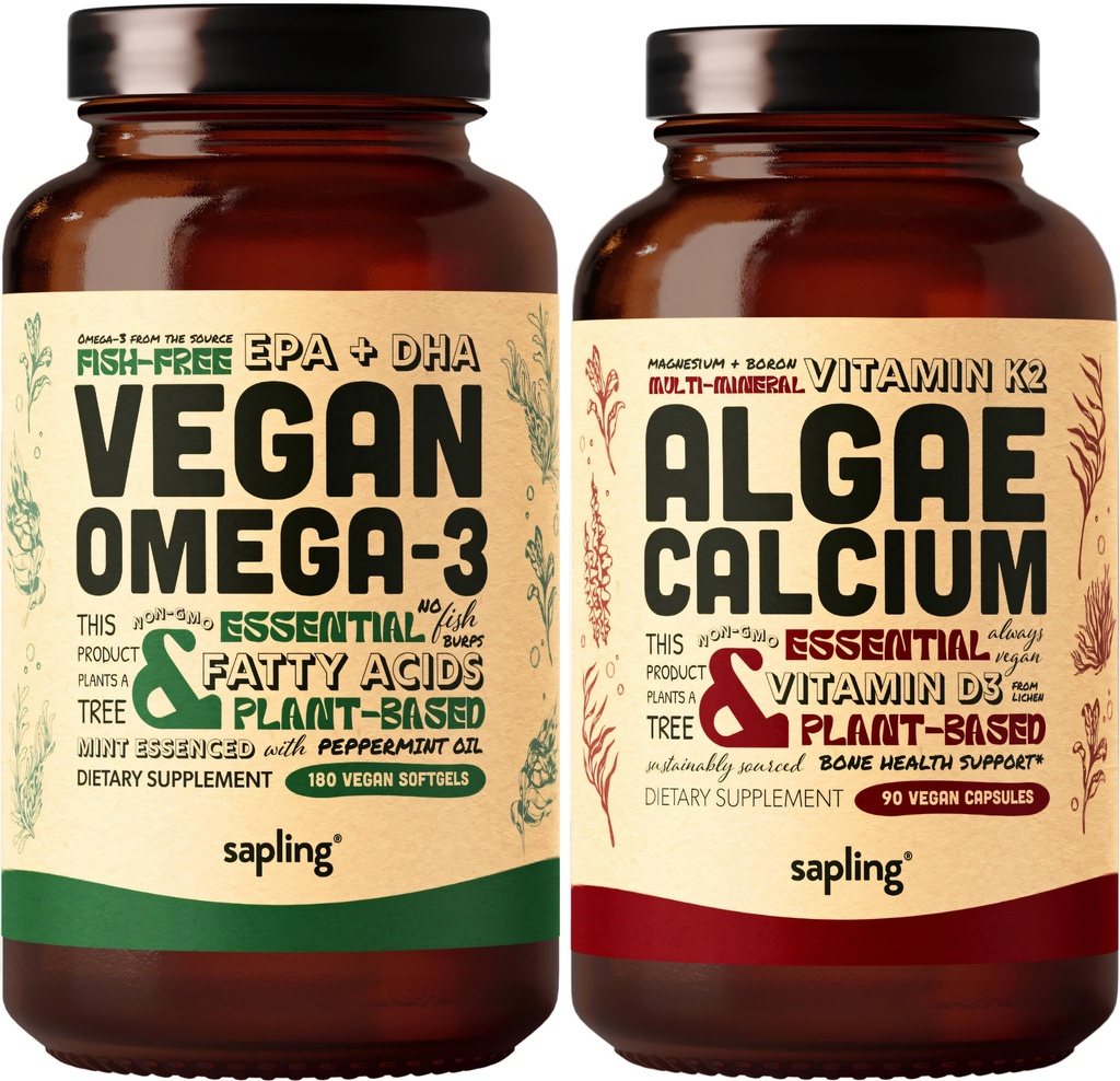 Vegan Omega 3 180 Softgels & Algen Calciumbundel - plantaardige DHA & EPA vetzuren, calciumsupplement van rode algen met vitamine K2 & D3, Magnesium, zink, boron, mineraalcomplex