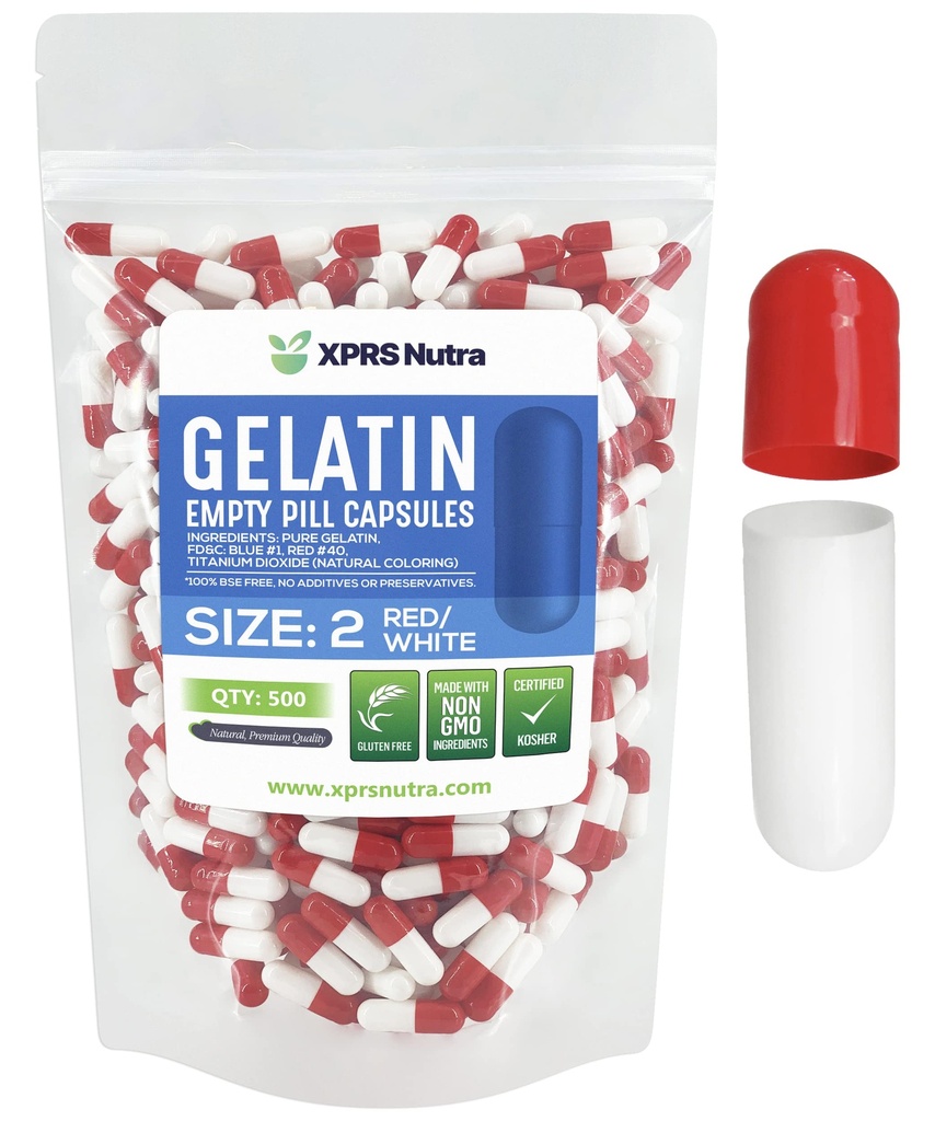 XPRS Nutra Maat 2 Lege Capsules - 500 Telle Lege Gelatine Capsules - Pillen DIY Capsule Vulling - Pure Bovine Pill Gel Caps for Do-It-Yourself Supplements (Rode/Wit)