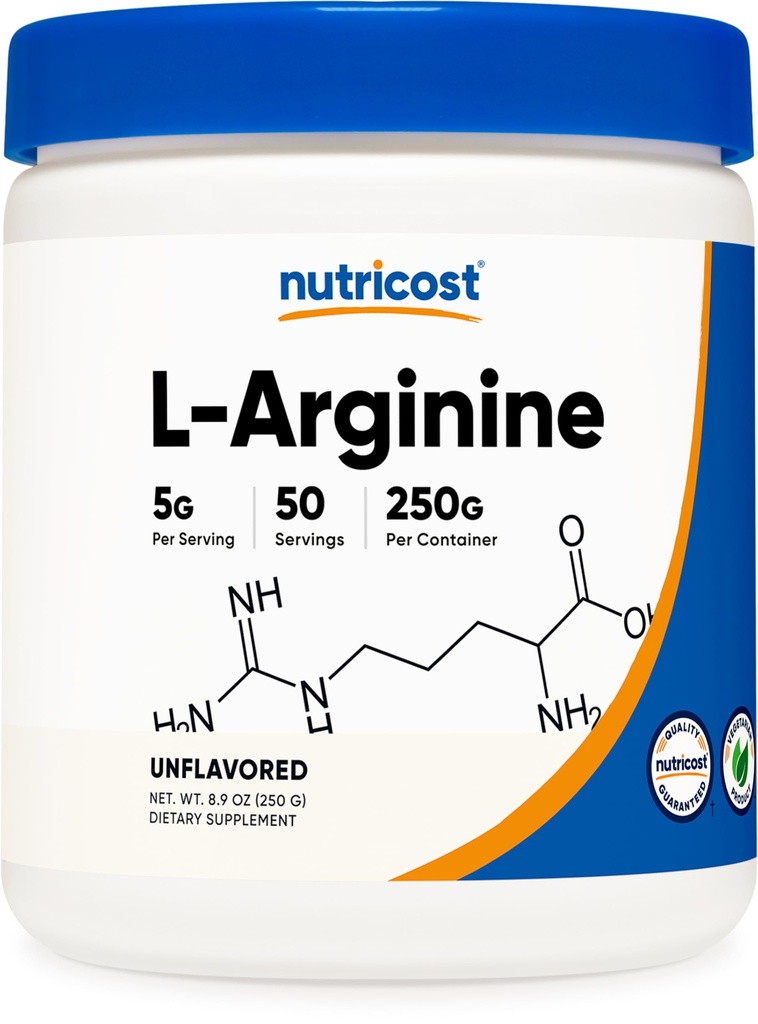 Nutricost L-Arginine (250 Gram) - Pure L-Arginine Poeder - 5000 mg per portie; 50 porties