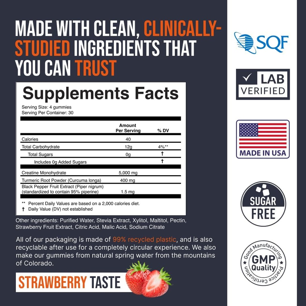 EcoWise Wellness Creatine Monohydraat Gummies 5000 mg, Kauwtabletten voor mannen en vrouwen, Suikervrije Gummies - 121 Telling, Fresh Strawberry