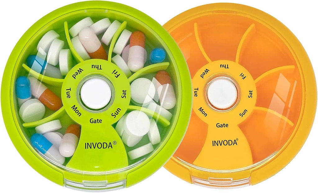 INFODA Weekly pil Organizer 7 Compartiment Rotating Pill Box voor dagelijkse medicatie & vitamines - Portable Travel Pill Case Visolie Supplementen Vitaminen Organisator (Green+Orange)