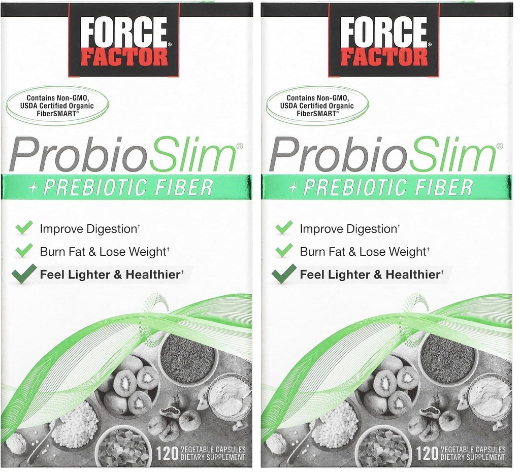 Force Factor ProbioSlim + Prebiotic Fiber gewichtsverlies Supplement voor vrouwen en mannen, Probiotische en Prebiotische Digestieve Gezondheid Ondersteuning met Green Tea Extract en Psyllium Husk Fiber, 120 Capsules
