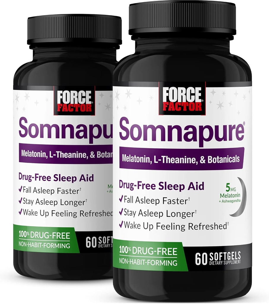 FORCE FACTOR Somnapure Softgels 2-Pack Slaaphulp om te vallen Slaap sneller, Blijf langer slapen, Wakker worden, Slaaphulp voor volwassenen met Melatonine, Ashwagandha, Valeriaanwortel, 120 Softgels