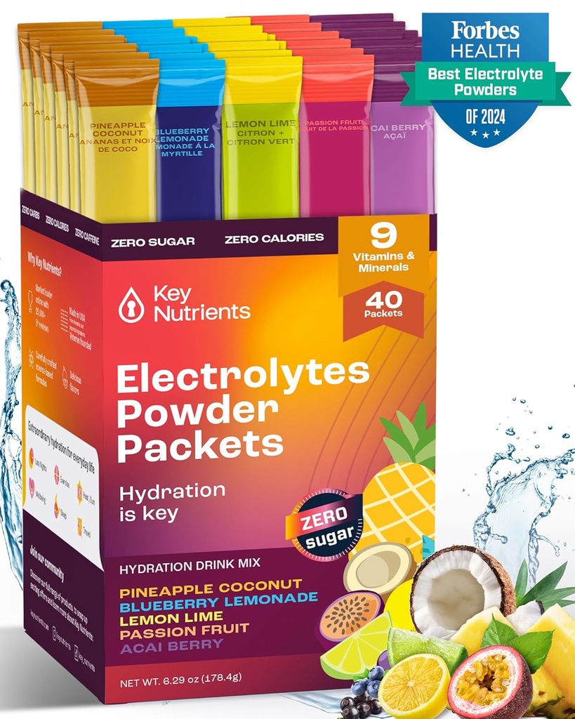 KEY NUTRIËNTEN Elektrolyten Poeder Pakjes Geen Suiker - 5 Heerlijke smaken in Hydration Packets 40 Pack - Glutenvrije Elektrolyten Poeder Pakjes