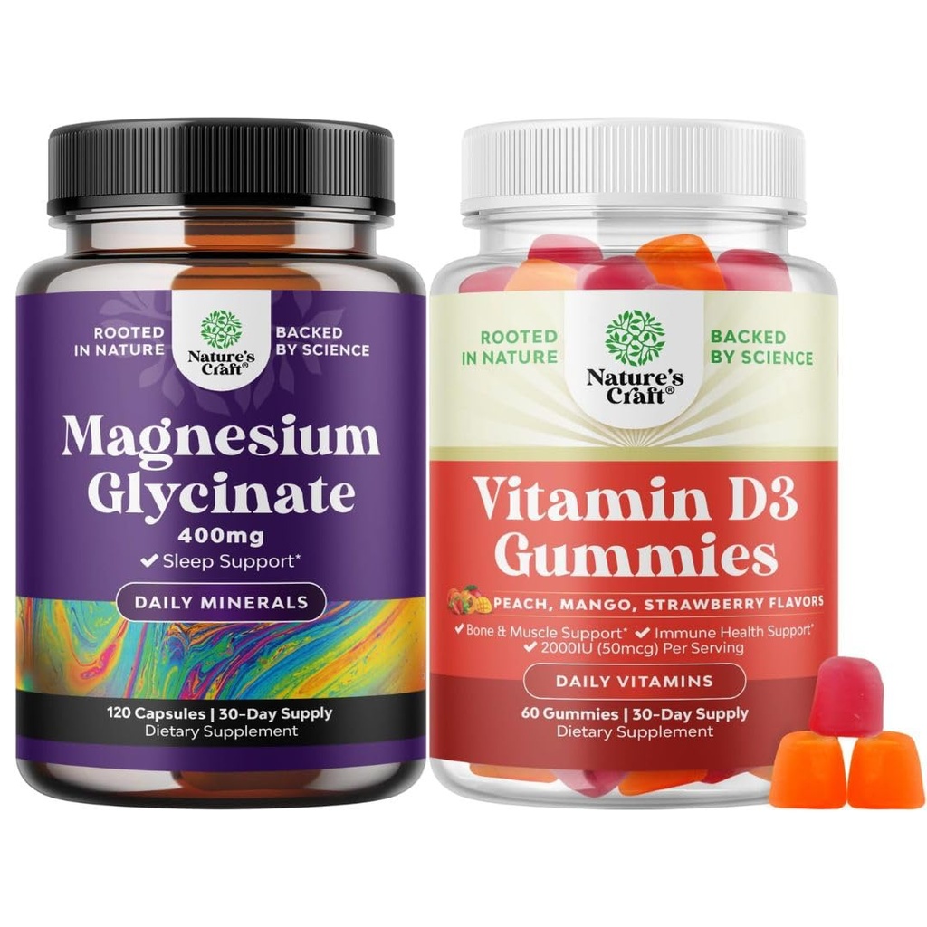 Bundel van Pure Magnesium Glycinate 400 mg per portie voor slaap en ontspanning en vitamine D3 Gummies voor dagelijkse wellness of botspieren & Immune Ondersteuning