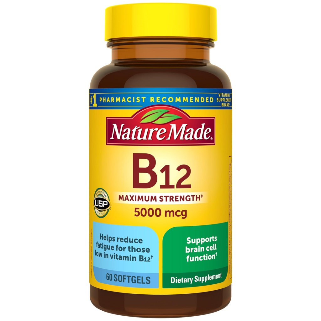 Nature Made Maximale sterkte Vitamine B12 5000 mcg, Dieetsupplement voor Energie Metabolisme Ondersteuning, 60 Softgels, 60 dagen Levering