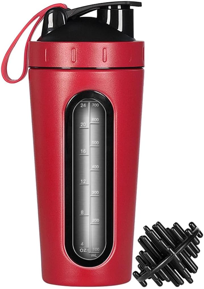 Proteïne Shaker Fles, Roestvrij stalen Shaker Cup, Sport Mixer Waterfles, Zichtbaar Window, Leak Proof, Geen BPA met Mixing Ball voor Gym Fitness Workout, 28 Ounce, Rood