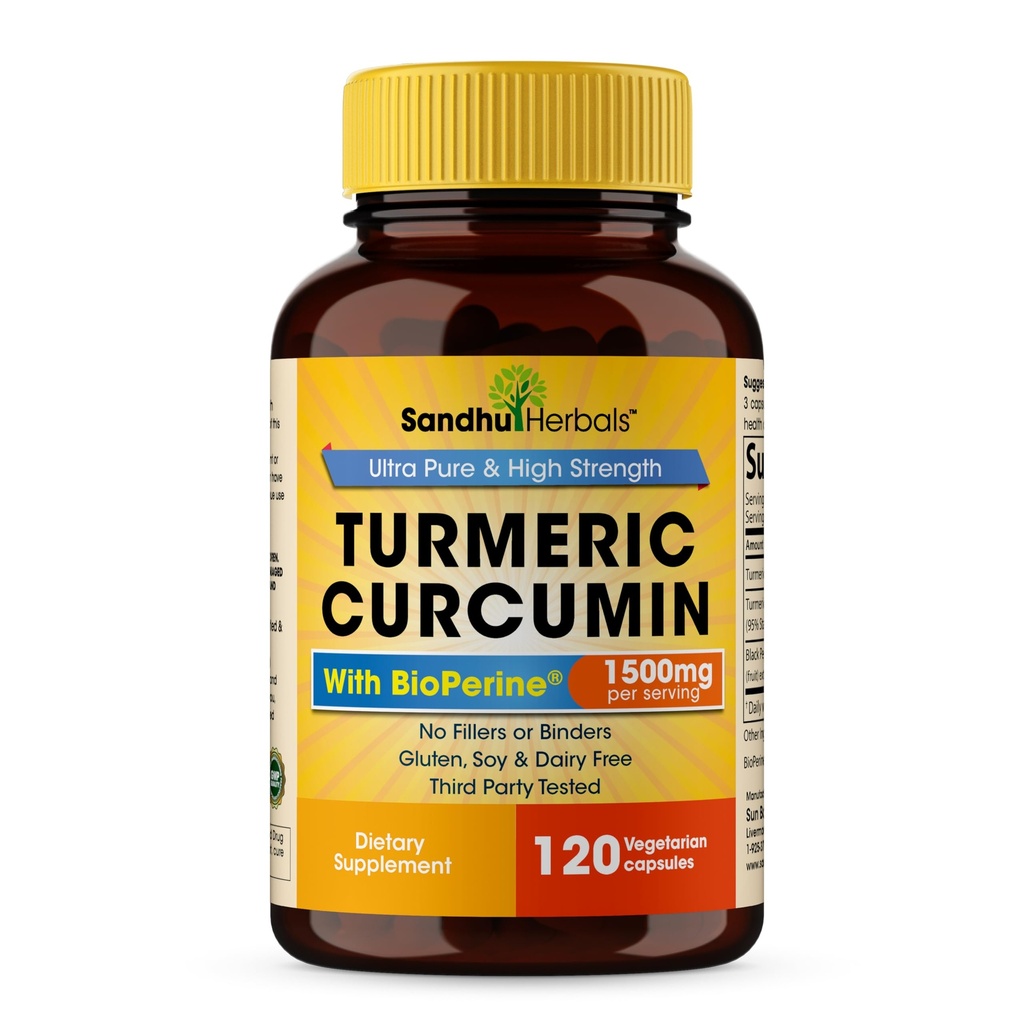 Sandhu Kruiden Biologische Kurkuma Curcumine 120 Capsules met Bioperine Black Pepper Extract Supplement 