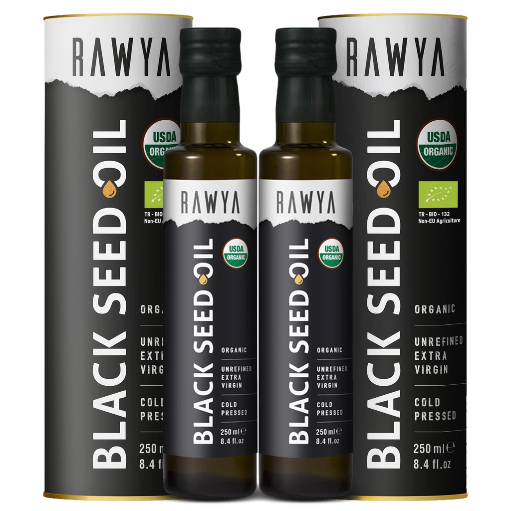 RAWYA Black Seed Oil - Organic Cold Pressed Nigella Sativa - Turkish origin - USDA Organic - Natural Supplement - Black Cumin Seed Oil - Rich Flavor & High Concentration - 250ml glazen fles - 2 Pack