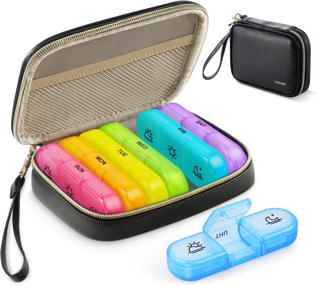 AUDON Weekly pil Organizer 3 keer per dag, Grote pil doos 7 dag met een PU lederen zak, Protabel Travel pil geval herinnering, dagelijkse pil doos 3 keer per dag voor vitamines, visolie, supplementen