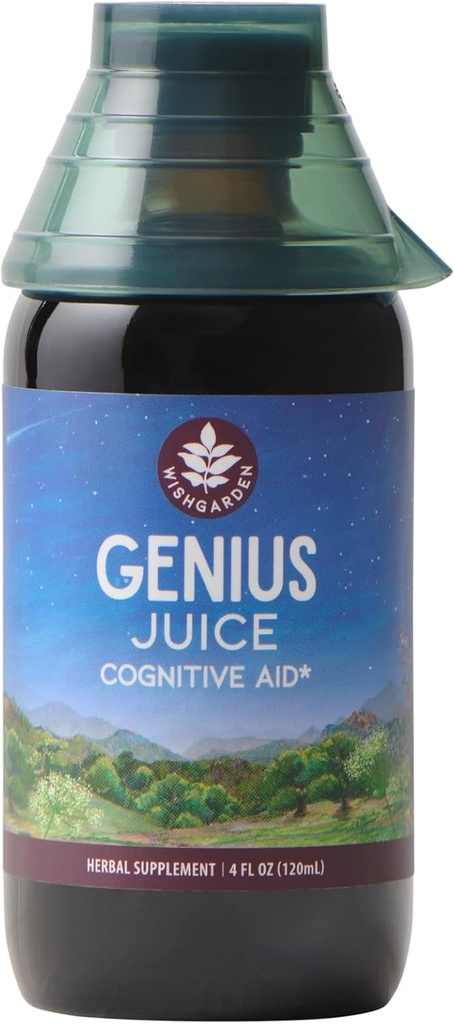 WishGarden Herbs Genius Juice - Liquid Herbal Nootrope Brain Booster Supplement for Focus, Clarity, Concentration & Energy with Ginkgo Biloba & Gotu Kola, Cognitive Support, No Cafeine, 4oz