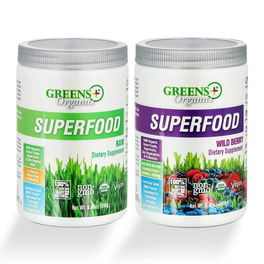 Greens+ Organic Superfood Powder, Raw superfood & Wild Berry Powder, Gluten Free Superfood Powder, Infused with Probiotics, USDA Organic, Bundle (Pack of 2)