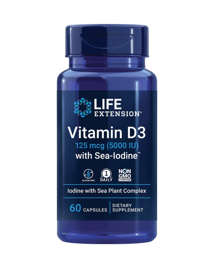 Levensverlenging Vitamine D3 met Sea-IodineTM, 125 mcg (5000 IE) 