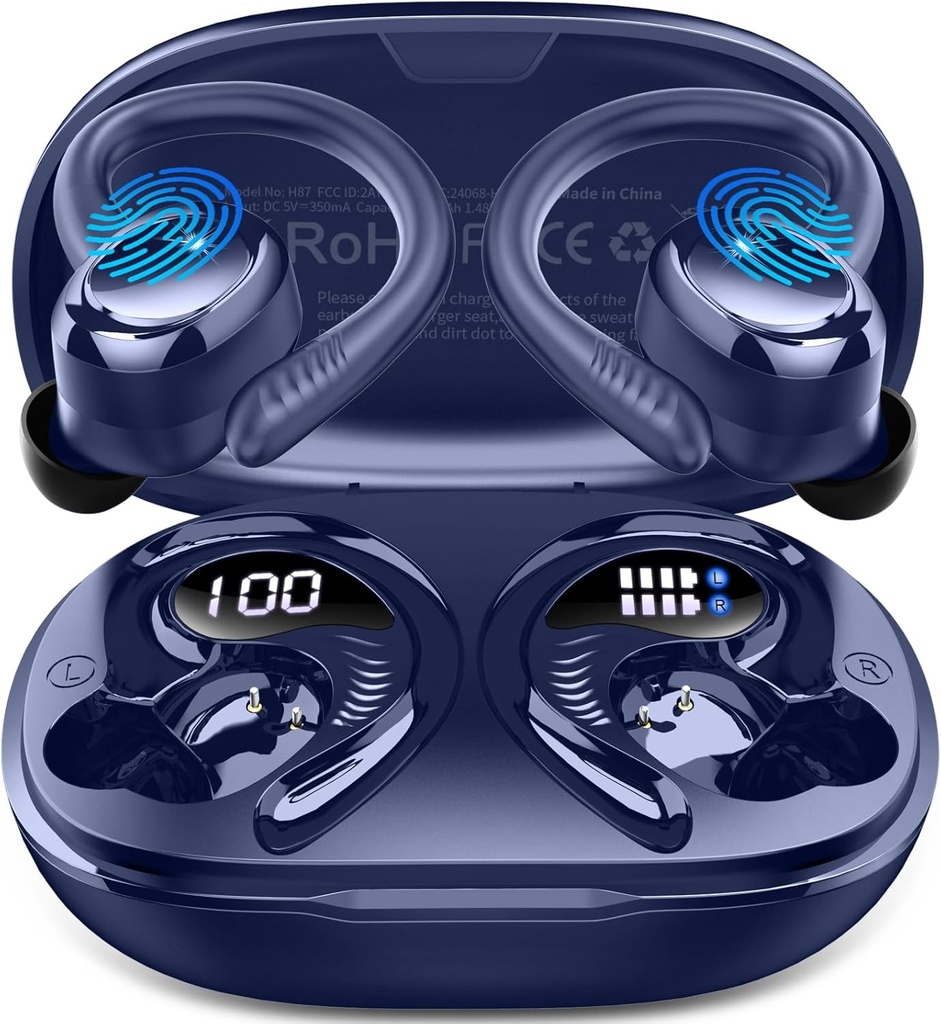 Draadloze oordopjes Sport, 2025 Bluetooth 5.4 Hoofdtelefoons met oorhaakjes, 50H Stereo Deep Bass Over Ear Buds met 4 ENC Noise Canceling Mics, IP7 waterdichte oortelefoons voor hardloopgym -Blue