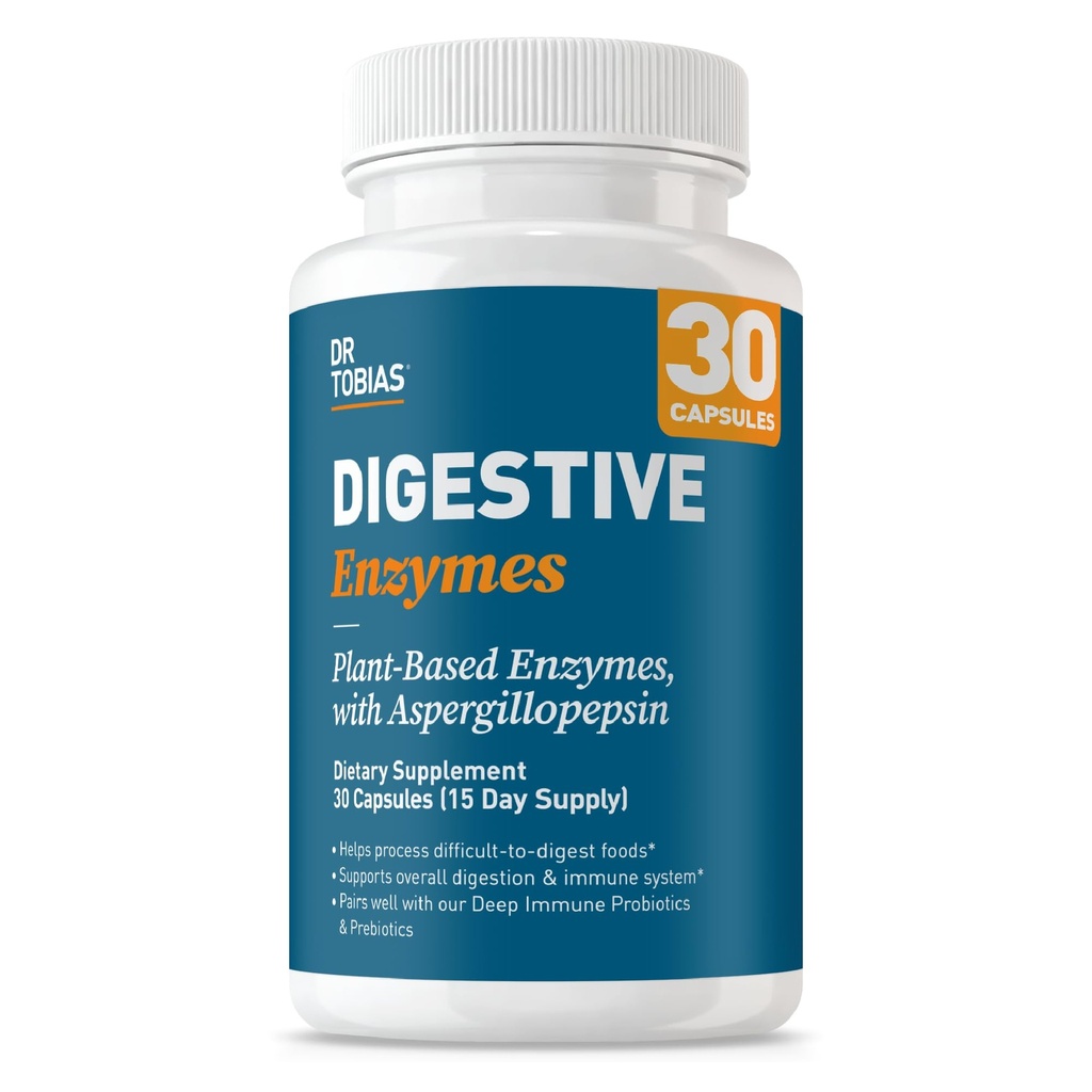 Dr. Tobias Digestieve Enzymen met Amylase, Bromelain, Lipase, Lactase, Protease, Papain & More, Verteringssupplement met 18 enzymen voor spijsvertering en Gut Health, 30 capsules, 15 porties