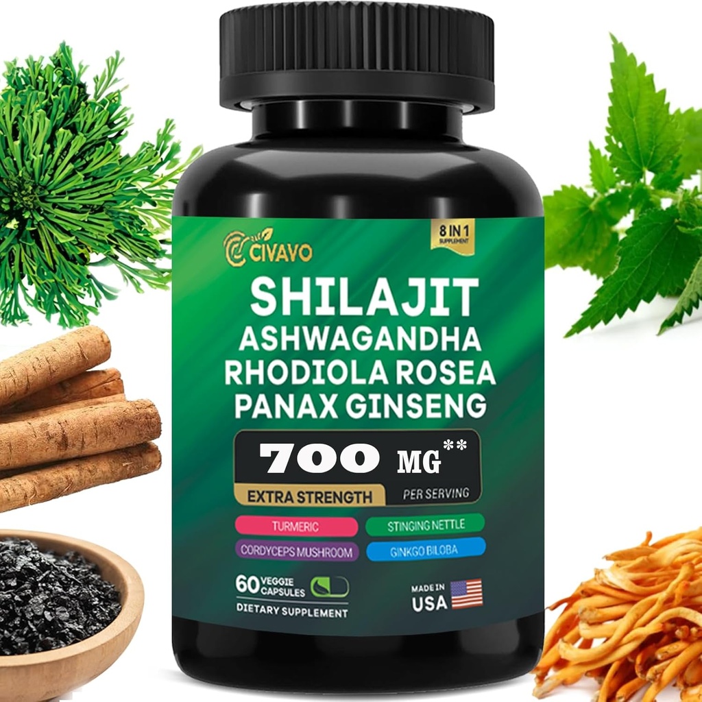 Shilajit Pure Himalaya 9000MG, Ashwagandha 2000MG, Rhodiola Rosea 1000MG, Panax Ginseng 1500MG, Turmeric 500MG, Gingko Biloba 500MG, Stinging Nettle 250MG, Cordyceps Mushroom 500MG