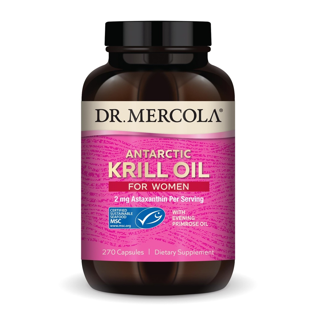 Dr. Mercola Krill Oil for Women - 2 mg Astaxanthine - MSC Certified Sustainable - Supports Brain, Skin & Immune Systems - with Omega-3s - Non-GMO, Gluten-Free & Soy-Free - 270 Capsules (30 Servings)