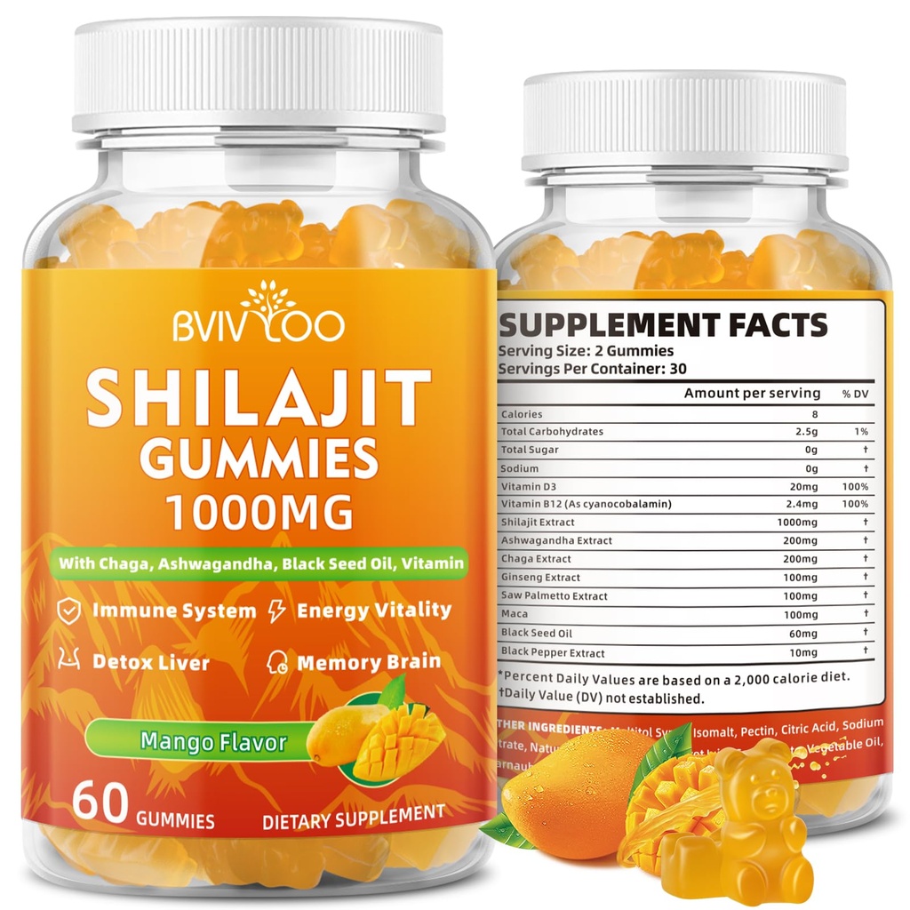 Shilajit Gummies 1000mg Sugar Free - Shilajit Supplement voor mannen en vrouwen - High in 85+ Trace Minerals & Fulvic Acid - Energy, Brain, Immunity - 60 Gummies