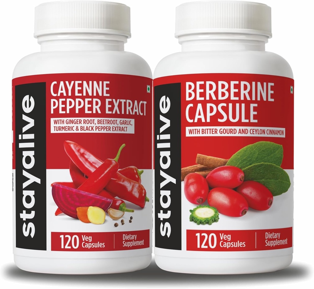 LEVENDE Cayenne en Berberine Bundel met Ceylon Cinnamon en Bitter Gourd Extract, 240 Veganistische pillen, niet-GMO en glutenvrije Berberine Cayenne Pepper Supplement