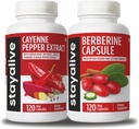 LEVENDE Cayenne en Berberine Bundel met Ceylon Cinnamon en Bitter Gourd Extract, 240 Veganistische pillen, niet-GMO en glutenvrije Berberine Cayenne Pepper Supplement