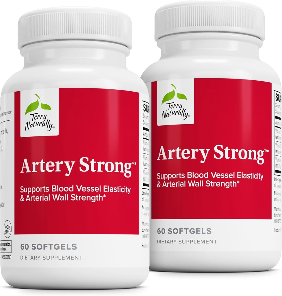 Terry Naturally Artery Strong - Cardio Health & Vascular Elasticity and Strength Support - Cardiovascular Supplement with Vitamins A & D3 - Aids Blood Vessel Elasticity - 60 Softgels (pack of 2)