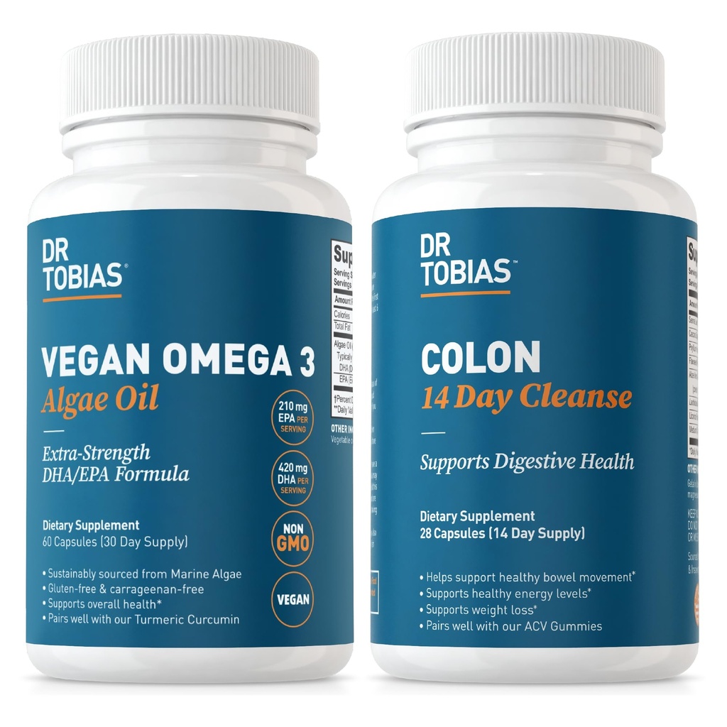 Dr. Tobias Vegan Omega 3 Algae Oil and Colon 14 Day Cleanse for Improved Digestion, Gut & Immune Support, and Overall Health
