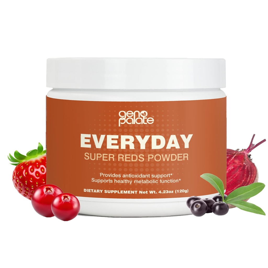 GenoPalate Everyday Super Reds, Antioxidant Superfood Blend with Beet Root, Cranberry, Hibiscus, Acai & Probiotica, Energizing Polyfenolen for Heart, Brain & Digestive Health, Vegan, 30 Servings