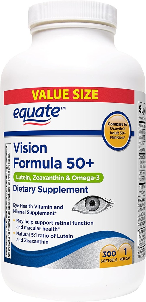 Equate Vision Formula 50+ Lutein, Zeaxanthine & Omega-3, 300 Softgels
