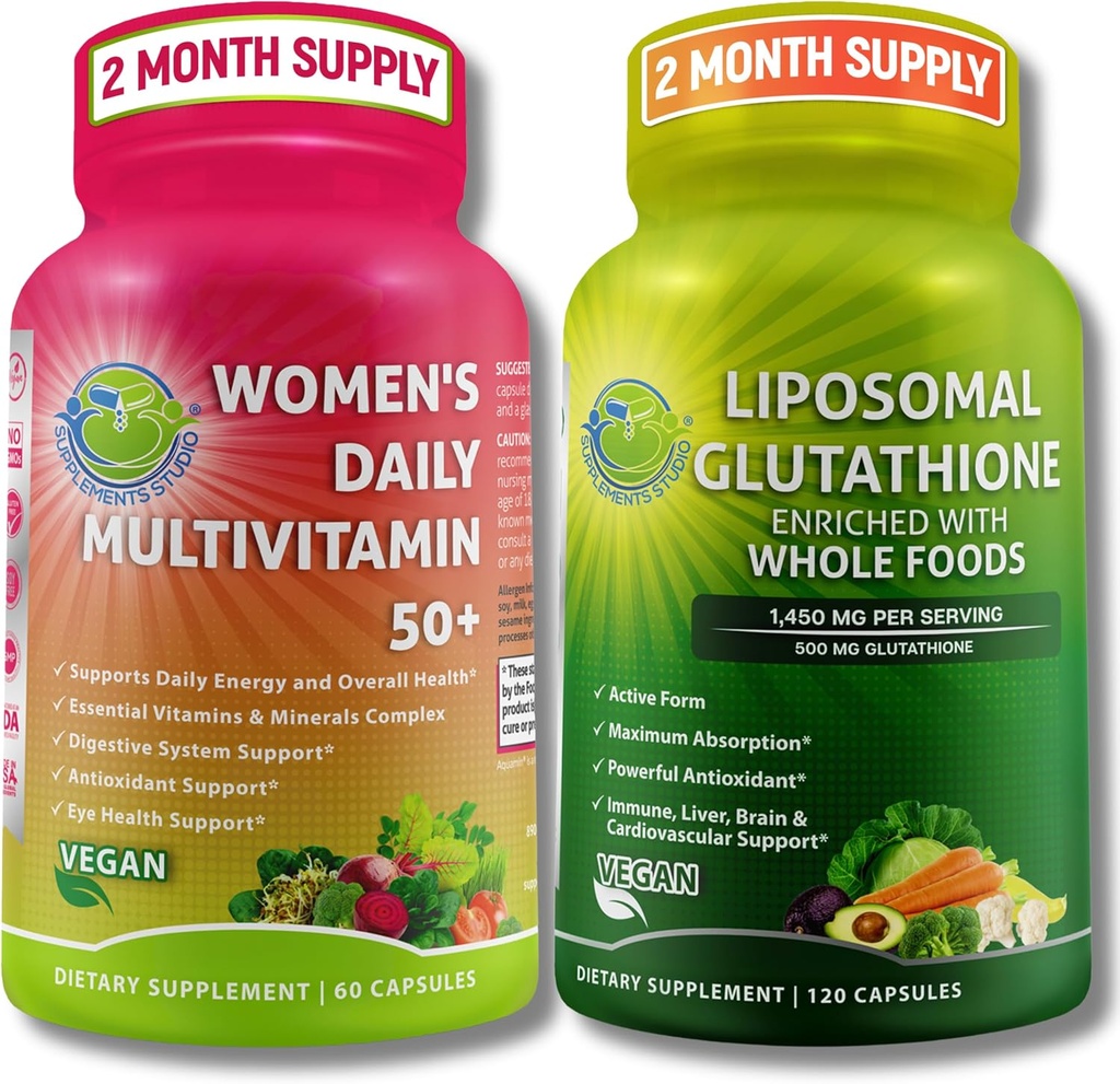 supplementen STUDIO Antioxidant, Cellular & Immune Support Bundle - Vrouwen Dagelijks Multivitamine 50+ met Biologische Superfoods + Liposomale Glutathion 500mg - Vegan, Non-GMO, Clean Label