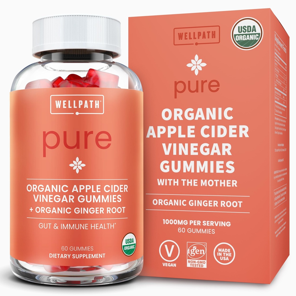 Wel Path Organic Apple Cider Vinegar Gummies with The Mother - USDA Organic ACV Gummies - Ginger & Apple Cider Vinegar with Mother for Gut Health - Vegan, Non-GMO, 60 Ct
