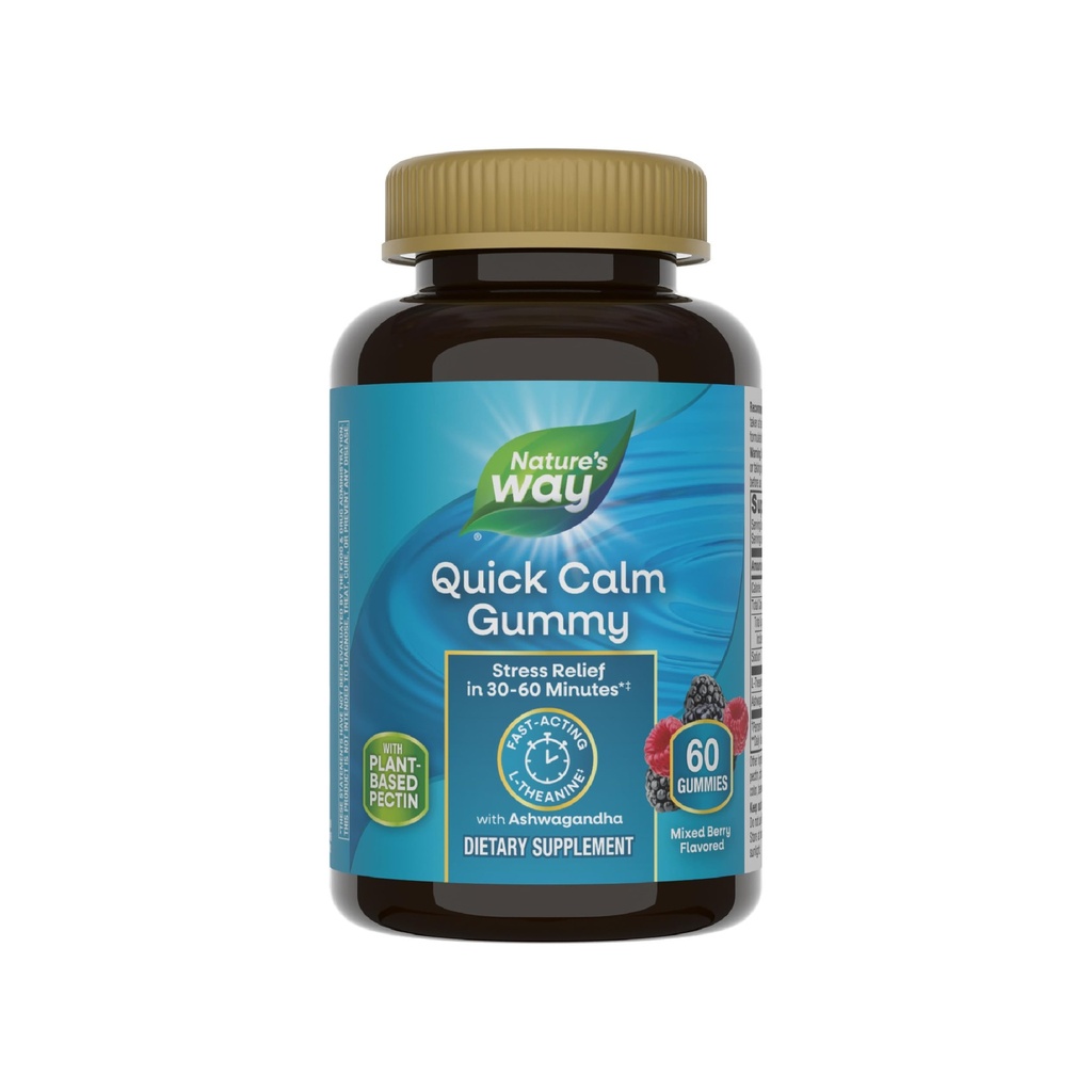 Nature's Way Quick Calm Gummies, L-Theanine for Relaxation*, Fast-Acting, Stress Relief from L-Theanine Binnen 30-60 minuten*, met Ashwagandha, vegetarisch, gemengde Berry Flavored, 60 Gummies