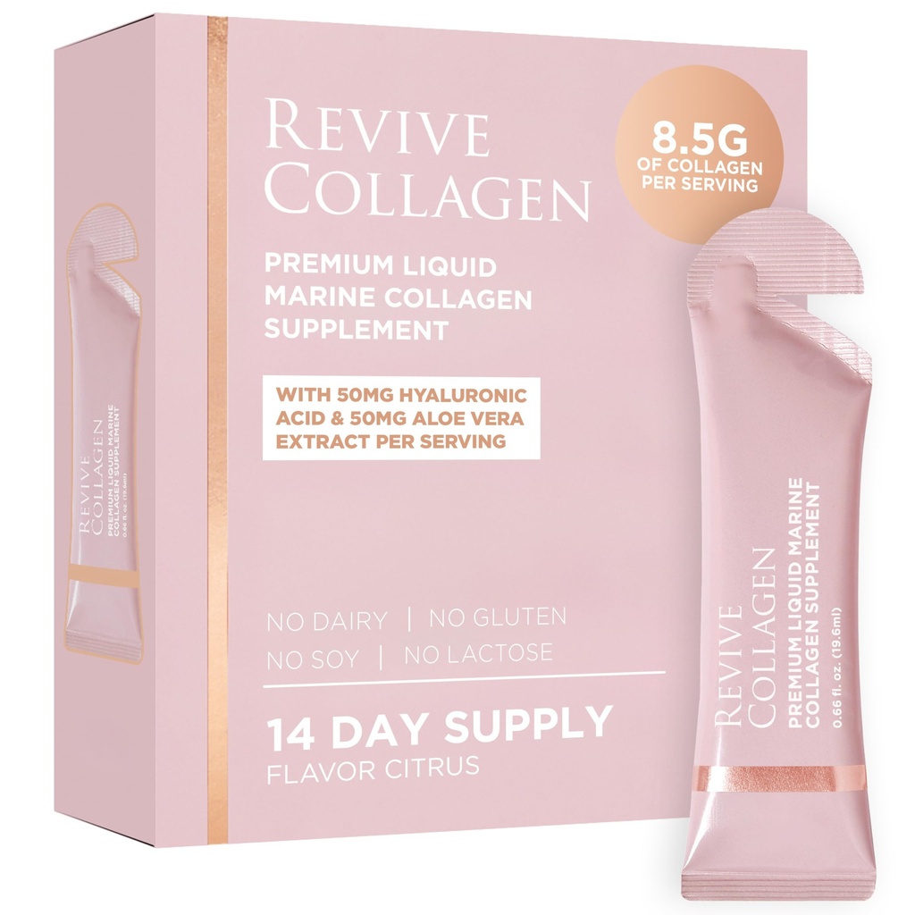 Revive Collageen Premium 8.500mg Gehydrolyseerde Marine Collagen Supplementen Drink met Toegevoegd Hyaluronzuur & Aloë Vera voor een gezonde huid, haren, nagels en gewrichten Lemon & Lime (14 dagen levering)