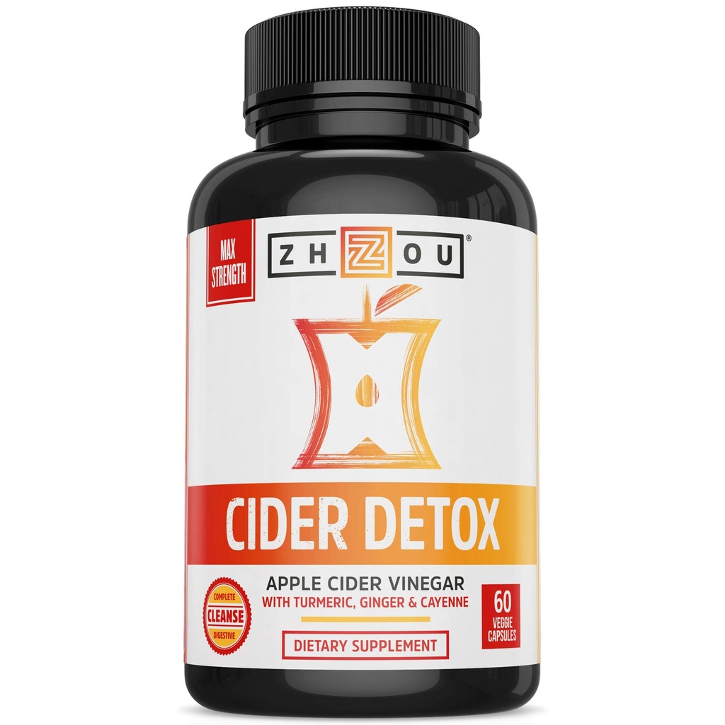 Zhou Cider Detox - Apple Cider Vinegar Capsules met moeder, ruwe natuurlijke ACV pillen voor vrouwen en mannen, plantaardige complexe supplement met kurkuma & Cayenne Pepper - 60 Vegan Capsules