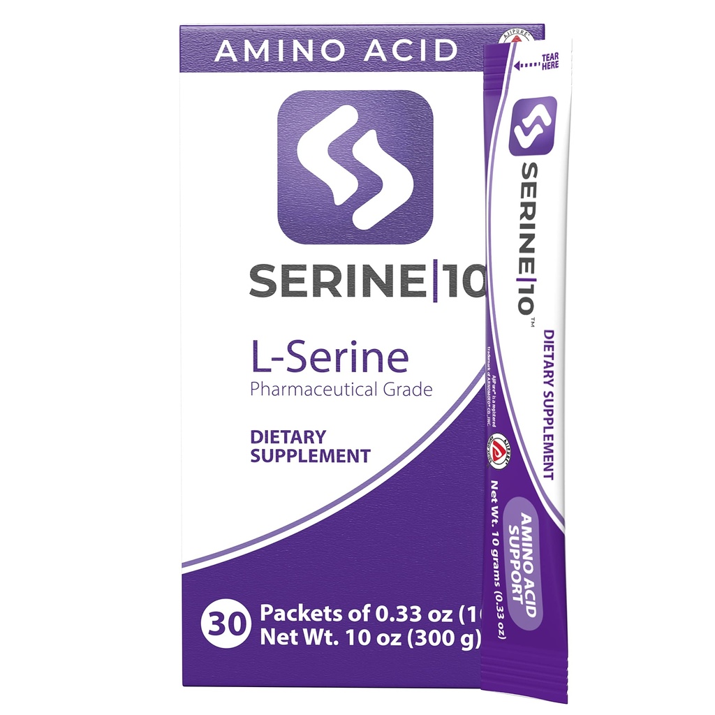 SERINE10 L-Serine Nootropics Packets - Support Brain Health, Memory, Focus, & Production of Serotonine, L-Tryptofan, & L-Cystine - 30 Pregemeten poederverpakkingen met 10 Gram (30000 mg)