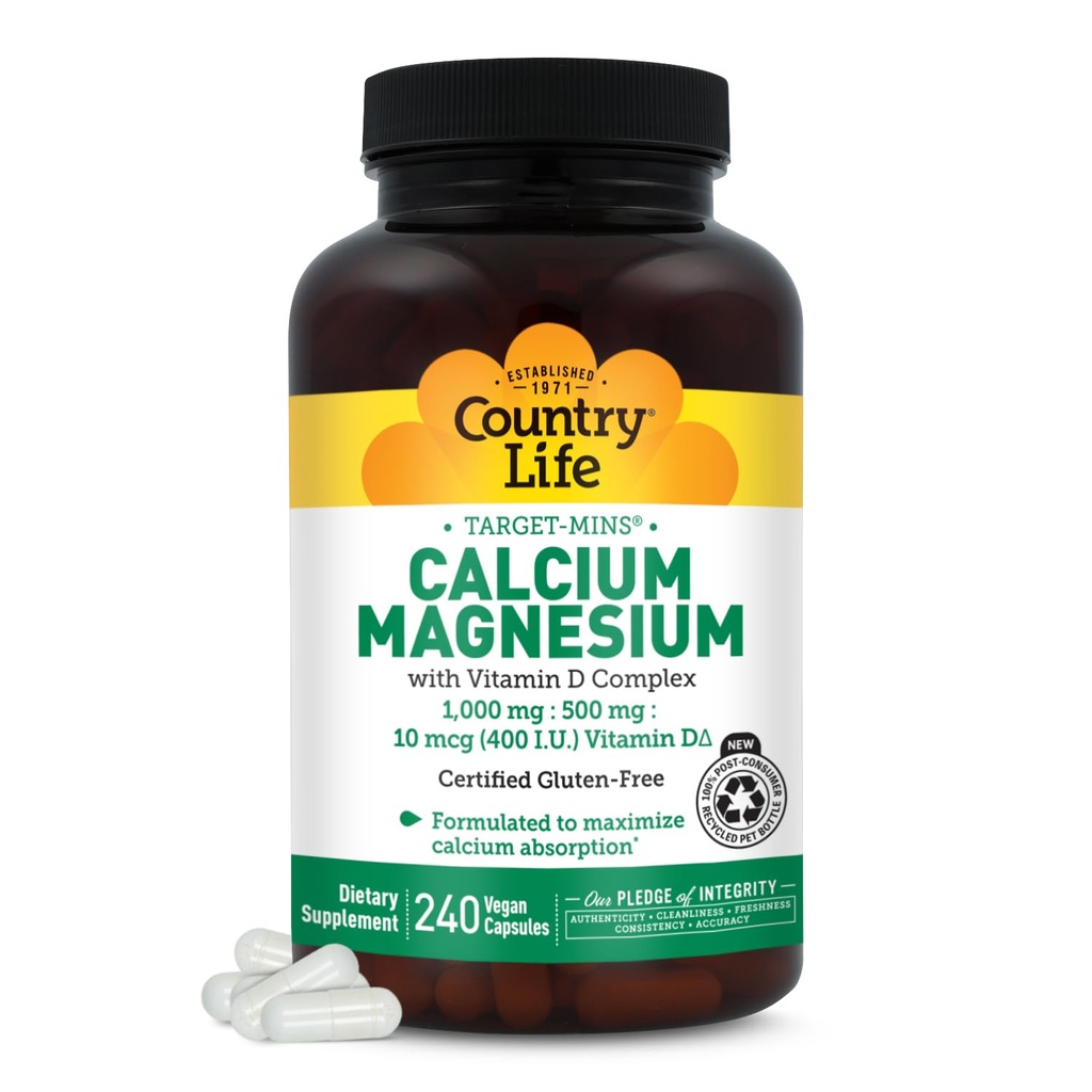 Land Life Target-Mins Calcium Magnesium met vitamine D-complex, 1000mg/500mg/10mcg, 240 Vegan Capsules, Gecertificeerd Glutenvrij, Gecertificeerde Veganist, Geverifieerd Niet-GMO Geverifieerd