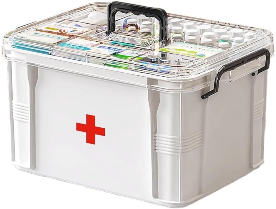 Medicine Opslag Box, Pillenfles Organisator, Dubbele Compartiment, Transparant, Grote Capaciteit, Wit