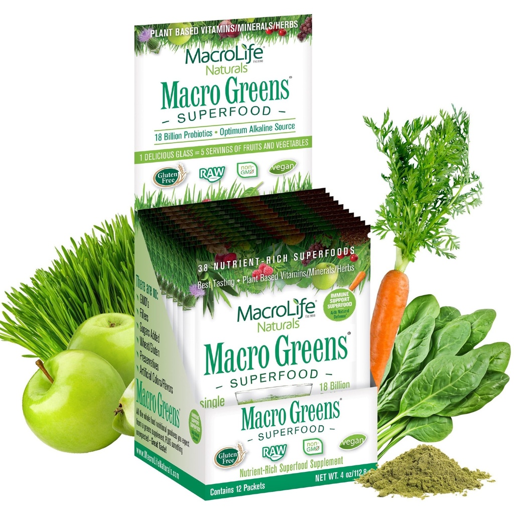 MacroLife Naturals Macro Greens Powder 38 Superfood Probiotic Antioxidant Enzyme & Herbal Supplement Immunity Energy Cleanse - Non-GMO Vegan Gluten-Free Dairy-Free (12 porties)