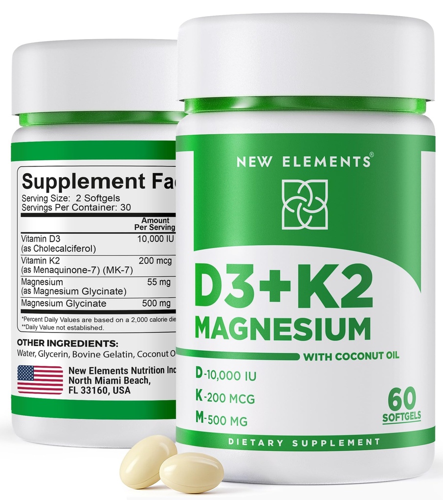 Nieuwe elementen Vitamine D3 K2 10.000 IE met Magnesium Glycinate 500 mg - Bone Health, Immune Support, Energy & Mood - Non-GMO, Glutenvrije, Sugar-Free Softgels for Women & Men (60 softgels)