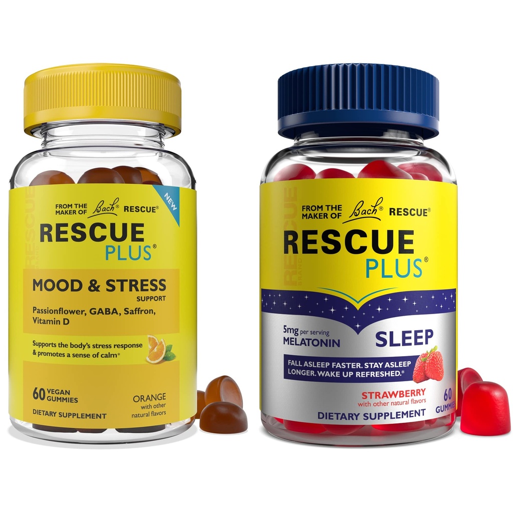 RESCUE Bach Plus Slaap Gummies met 5mg Melatonine/dosis [en] Bach Plus Mood & Stress Ondersteuning Gummies met belangrijke voedingsstoffen en botanische producten - 2PK Dieetsupplementen, 60Ct Elk