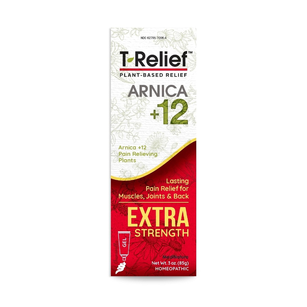 MediNatura T-Relief Extra Sterkte Gel Arnica +12 Natuurlijke Relieving Actieven voor Rugpijn Gewrichtspijn Spierpijn & Stijfheid Het hele lichaam Snelle acting Relief voor vrouwen & mannen - 3 oz