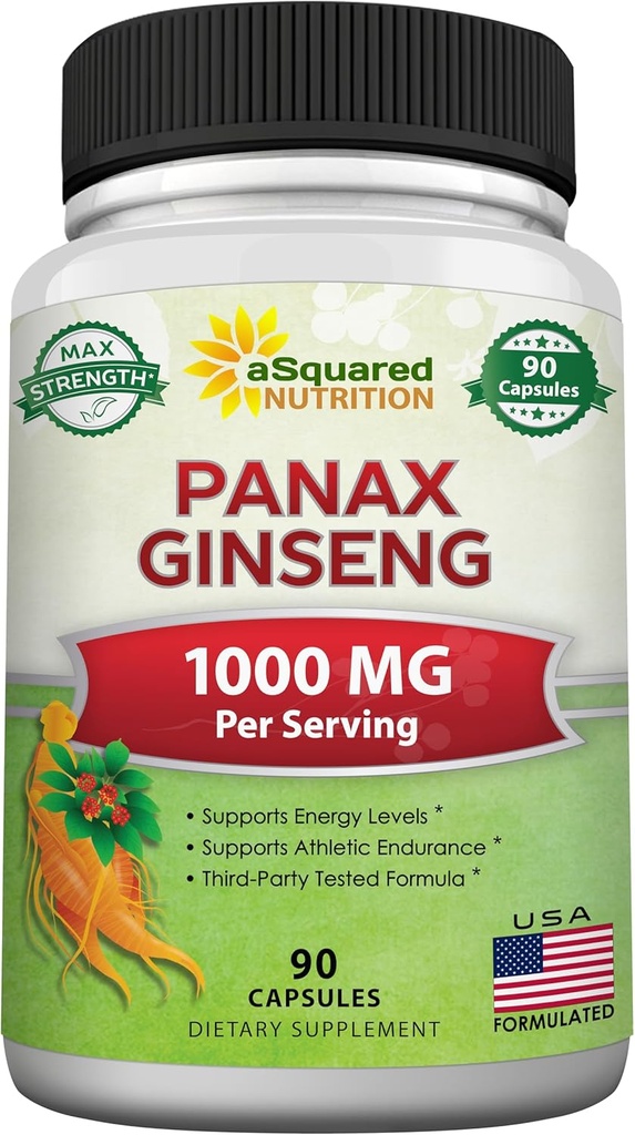 aSquared Nutrition Natural Korean Panax Ginseng (1000mg Max Strength)-90 Capsules Root Extract Complex (Red & White), Hoge dosering Ginsenosiden in Zaden, Aziatische poedersupplement, Tafel pillen voor energie