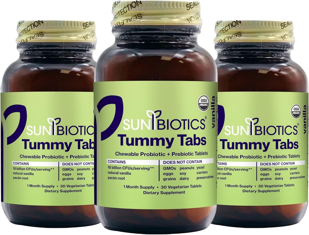 SUNBIOTICS Tummy Tabs - Kauwbare Probiotische en Prebiotische Tablets met 18 miljard CFUs van 4 Probiotische Strains voor Good Gut Flora, Immune System, & Balanced Microbiome - Vanille, (Pack of 3)
